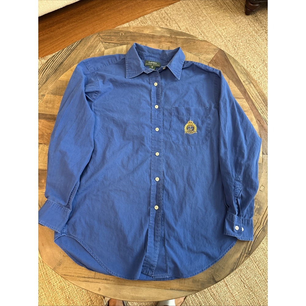 Lauren Ralph Lauren Women's Blue Long Sleeve Button Up Dress Shirt Gold Crest 10